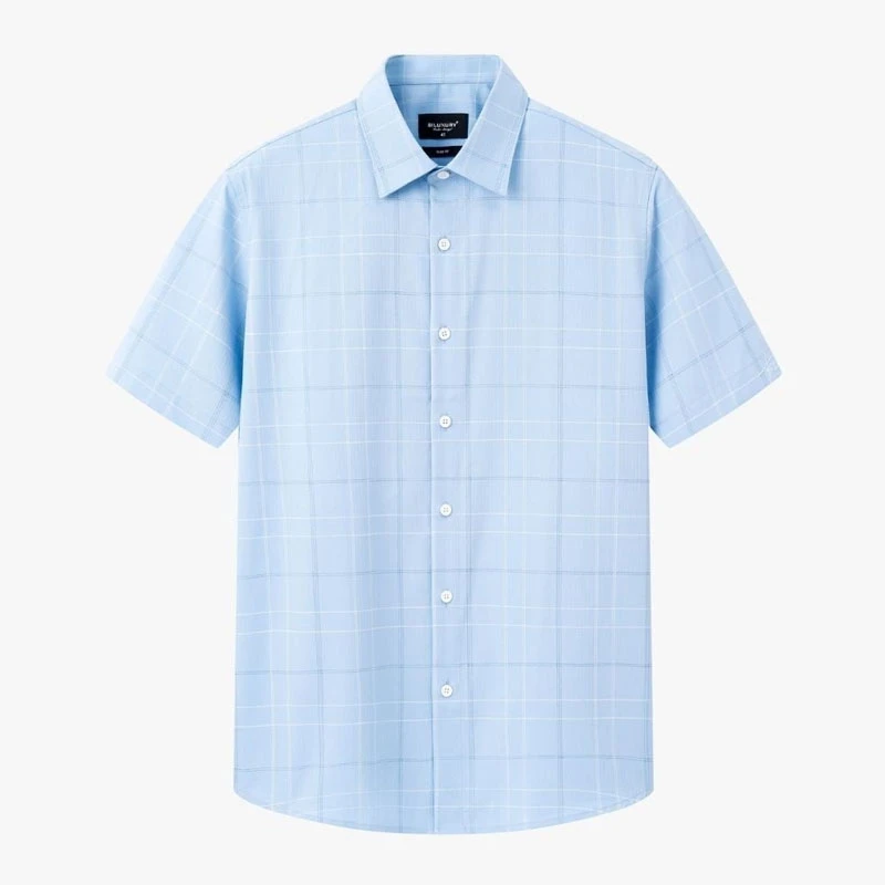 Áo sơ mi cộc tay xanh phối caro, chống nhăn nhàu, chống bám bẩn